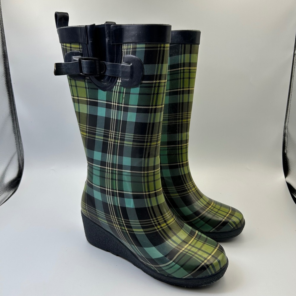 Capelli New York Rain Boots Womens 7 Green Plaid Wedge Waterproof Raincore